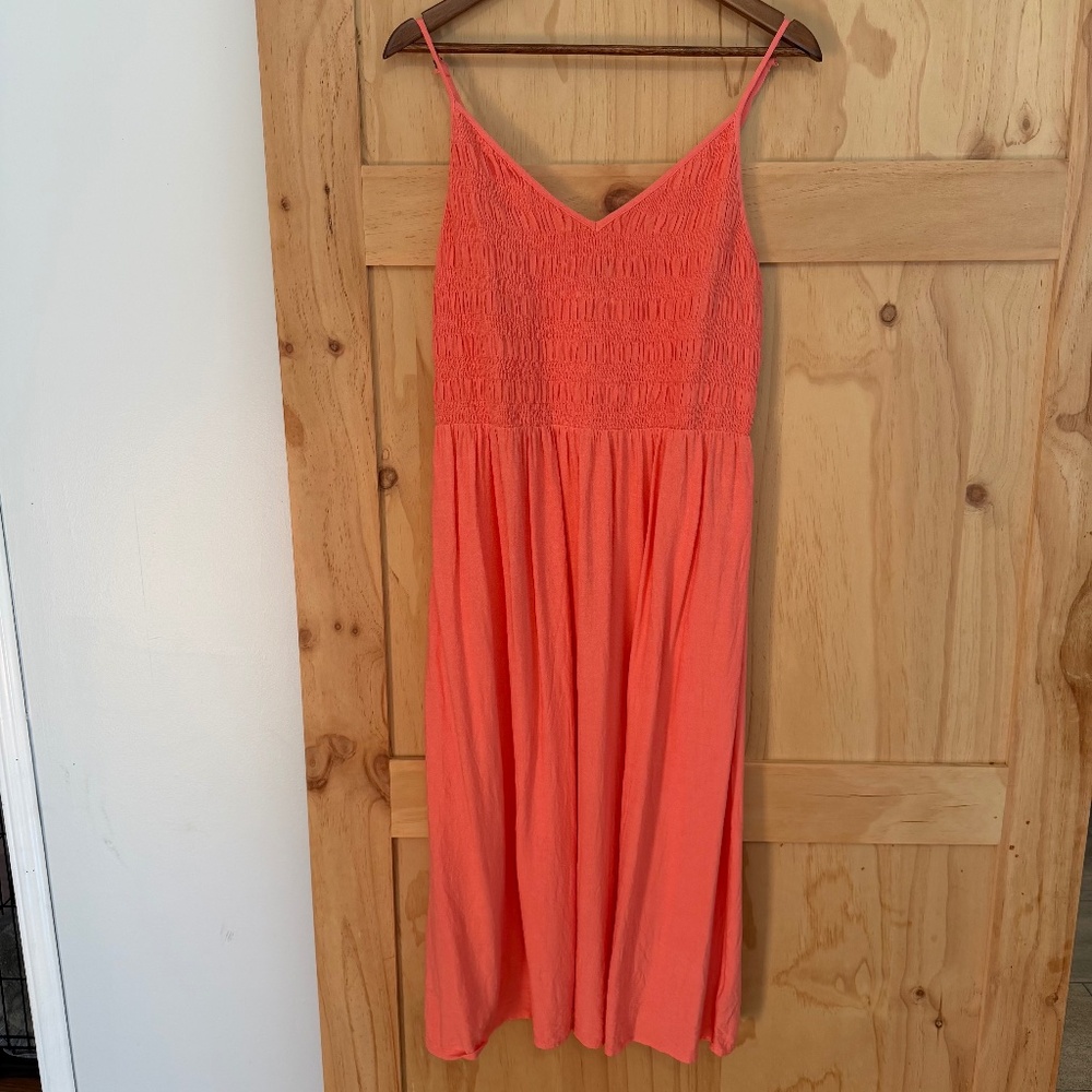 Coral Smocked Spaghetti Strap Midi Dress